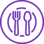 Purple outline of plate with fork and spoon for restaurants in downtown Elmira, Ontario