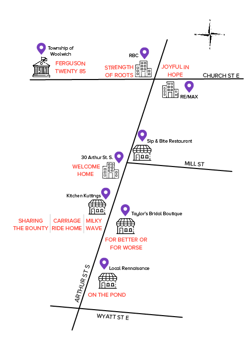 Map of downtown Elmira, Ontario listing out the locations of each of the 10 art displays for the Elmira Art Exhibit